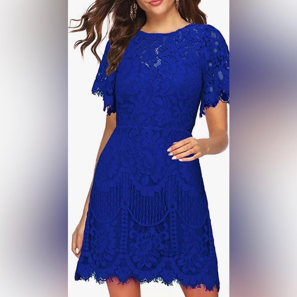 MSLG Womens Dress // Round Neck V-Back Wedding Guest Floral Lace Cocktail A Line